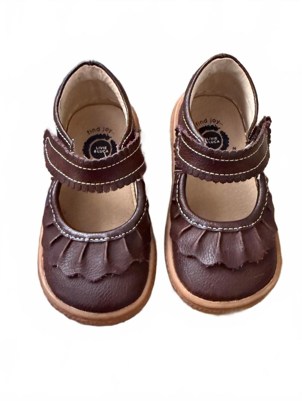 Livie & Luca Ruche Brown Leather Mary Jane Shoes Toddler Girls Size 5 Ruffle